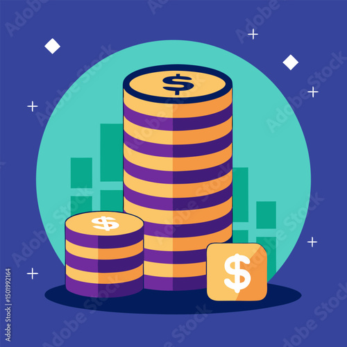 Stack of money and coins in the city with red, blue, and green oil barrels, a 3D vector business concept illustration