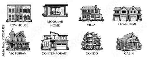 Building types, home illustration, house icon set. Architectural styles for real estate graphic design elements.