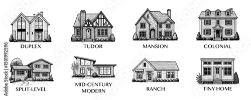 House Styles Collection. Residential Building Drawings set. Vector duplex, tudor, mansion, colonial, split-level, mid-century modern, ranch, tiny home