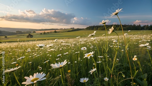 Escénico campo de margaritas floreciendo bajo un cielo azul al atardecer -  