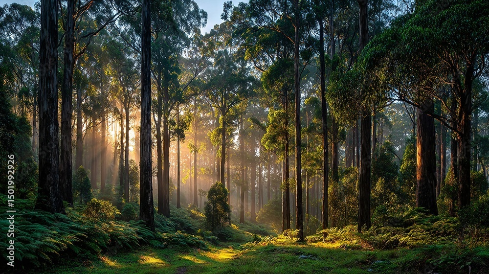 Fototapeta premium The sun illuminates the verdant forest floor through towering, slender tree trunks