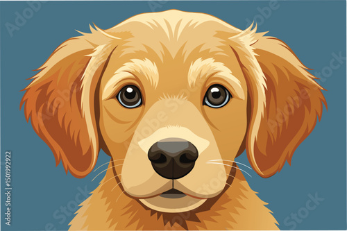 Detailed vector illustration of a golden retriever puppy showcasing its expressive eyes and soft fur against a solid blue background, emphasizing the joy and innocence of youth