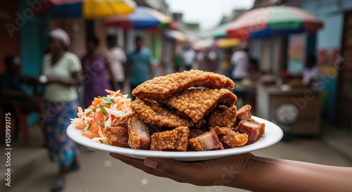 Authentic haitian griot crispy fried pork served with a fresh pikliz slaw in a market
