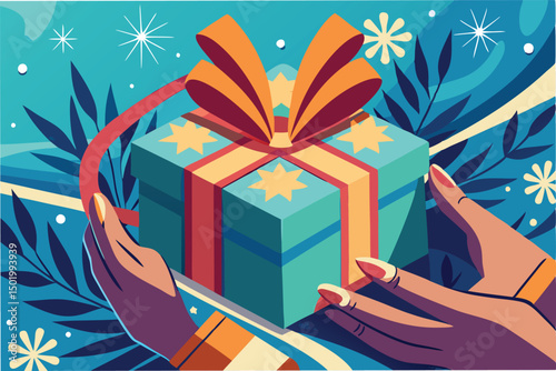 Creative vector illustration of hands presenting a beautifully wrapped gift box surrounded by leaves and stars, perfect for holiday celebrations or special occasions
