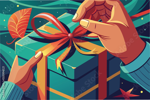 Creative vector illustration of hands presenting a beautifully wrapped gift box surrounded by leaves and stars, perfect for holiday celebrations or special occasions