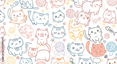 Cute Cats Pattern on White Background