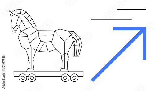 Geometric Trojan horse on wheeled platform alongside a bold blue upward arrow and minimalist lines. Ideal for cybersecurity, strategy, progress, infiltration, innovation, potential, and risk. Flat