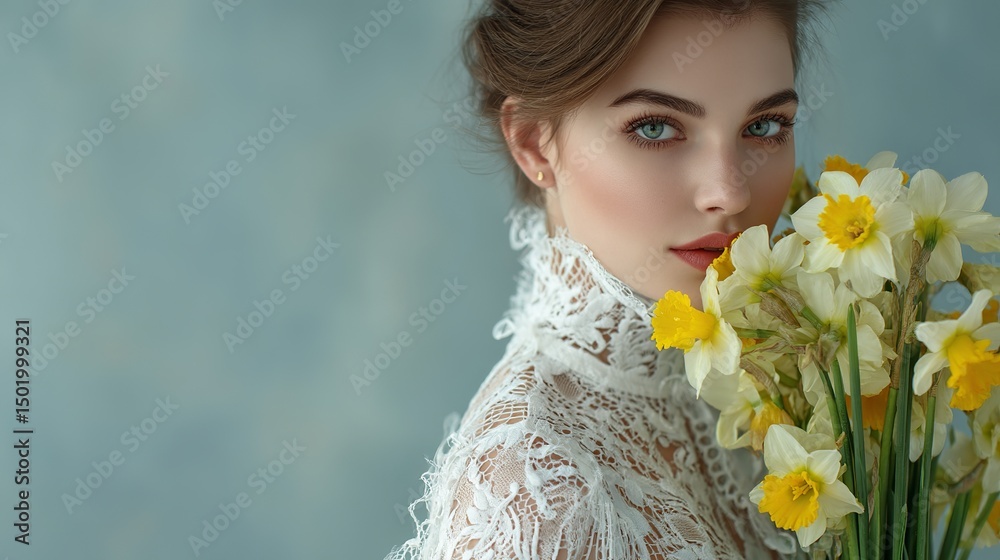 Naklejka premium Beautiful Woman in Elegant Lace Dress Holding a Bouquet of Fresh Yellow and White Daffodils Spring Fashion Portrait Photography Studio Shoot High Resolution Image girl face eyes 