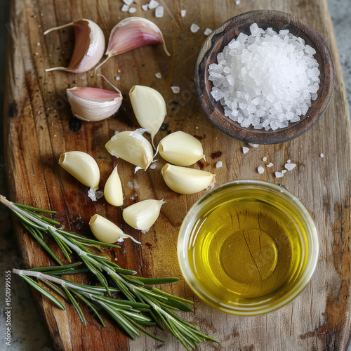 Garlic cloves with rosemary salt and olive oil on wooden board