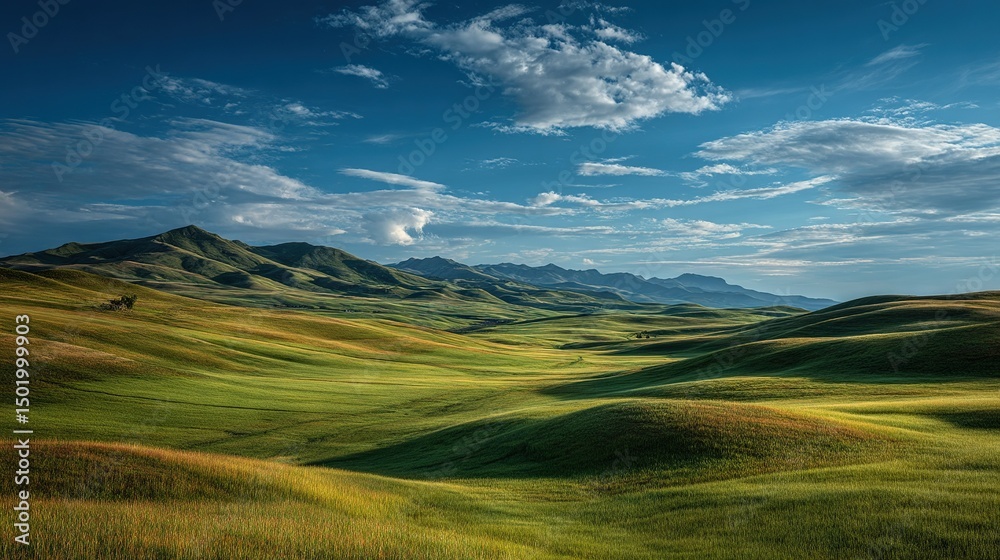 A serene landscape showcases a lush green field surrounded by majestic mountains in the distance, while a clear blue sky adorns the top half with fluffy white clouds in the center A serene landscape showcases a lush green field surrounded by majestic mountains in the distance, while a clear blue sky adorns the top half with fluffy white clouds in the center