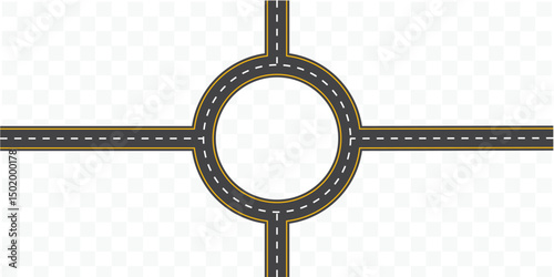 A circular road in the middle with straight arms from four directions from a top view, a circular road isolated from the background, an illustration. vector eps 10