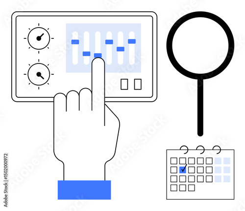 Hand adjusting sliders on a control panel, magnifying glass for research, and calendar with marked date. Ideal for management, planning, analysis, scheduling, research, organization flat simple
