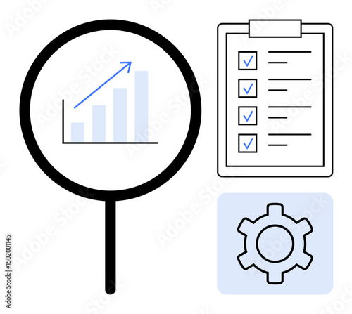 Magnifying glass highlighting upward chart, checklist, and gear symbolizing data analysis, task management, and system optimization. Ideal for productivity, progress tracking, workflow design
