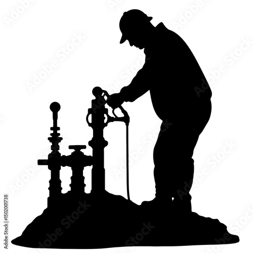 Silhouette of a man operating oil equipment, focused on his task against a simple background, industrial concept of energy sector or oil and gas industry