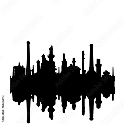 Silhouette of industrial oil and gas refinery skyline reflected on water against a white background, representing the energy sector concept of infrastructure or engineering