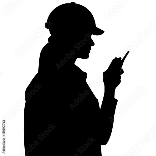 Silhouette of a construction worker with a helmet and radio, in profile, focused on communication against a plain white background, concept of construction or engineering