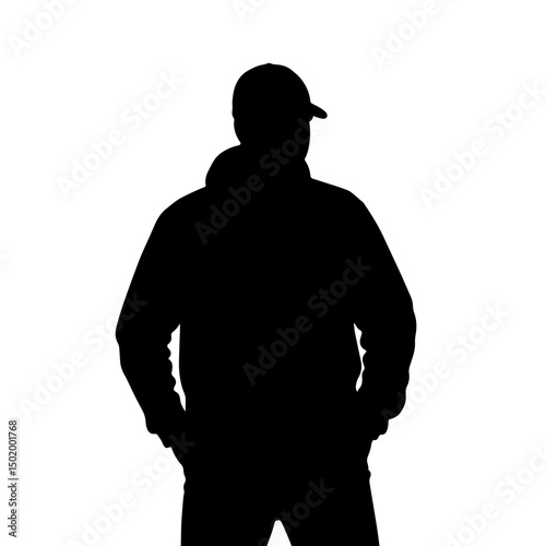 Silhouette of a man standing confidently with hands in pockets against a plain white background, professional concept of construction or oil and gas industry.
