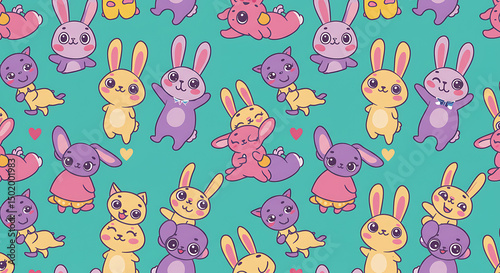 Rabbit and Cat Cartoon Pattern