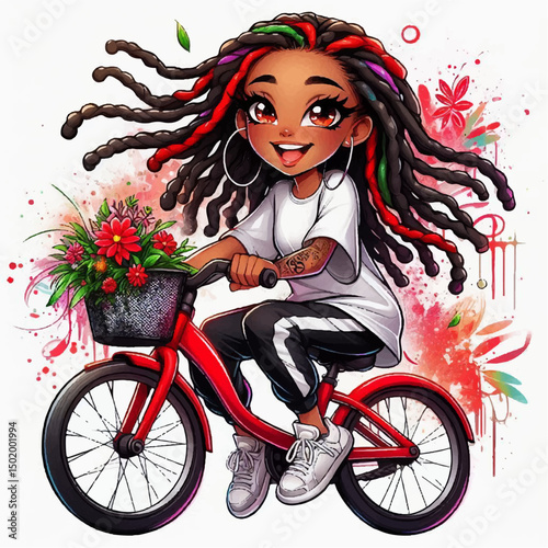 Fotografie A cartoon beautiful mulatto girl with dreadlocks carries a bouquet of flowers on a bicycle