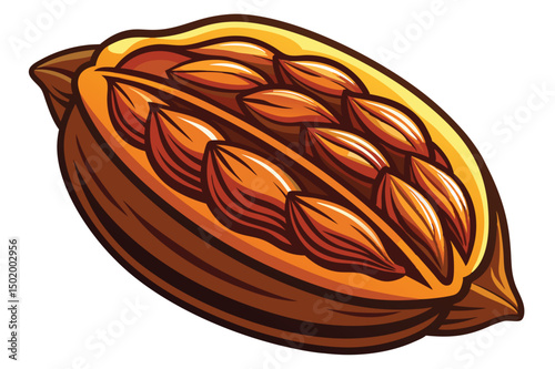 Vector illustration of cocoa pod with split shell and cocoa beans showcasing natural elements of chocolate production in a simple yet vibrant design