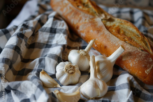 Garlic bulbs and baguette on checkered cloth