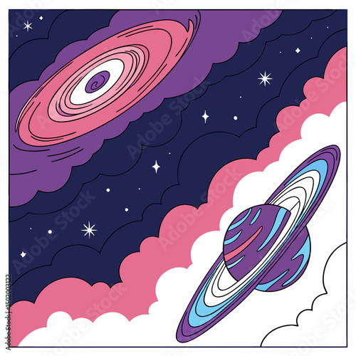 Cosmic Dance A Colorful Illustration of Space and Celestial Bodies	