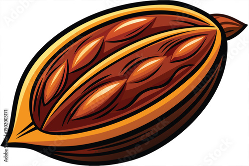 Vector illustration of cocoa pod with split shell and cocoa beans showcasing natural elements of chocolate production in a simple yet vibrant design