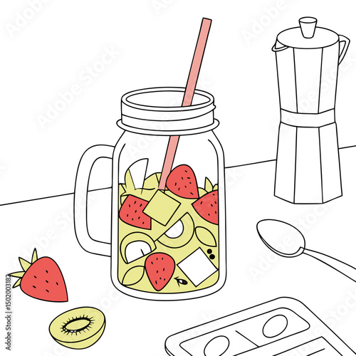 Delicious Summer Drink with Strawberry and Kiwi in a Mason Jar	
