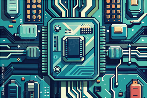 Colorful vector illustration of a detailed circuit board featuring a central processing unit and interconnected electronic components