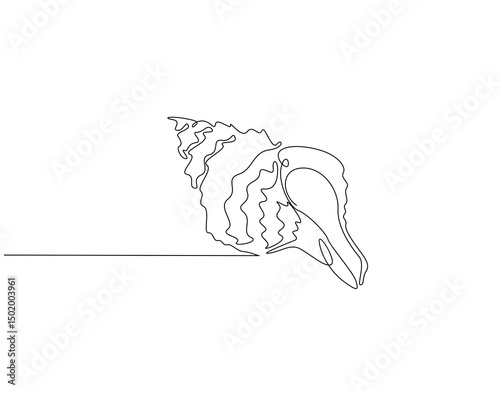 Continuous line drawing of conch snail shell. Single line illustration of ocean conch shell. Animal ocean life concept. Editable outline