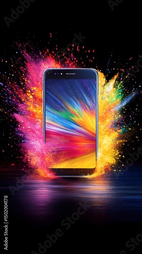 A sleek smartphone, vibrant screen displaying radiating multicolored streaks, enveloped by a burst of colorful powder