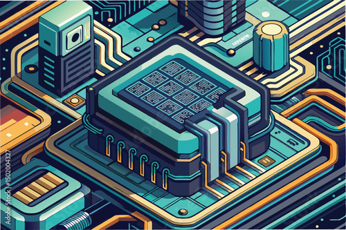 Colorful vector illustration of a detailed circuit board featuring a central processing unit and interconnected electronic components
