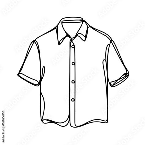 Minimalist line drawing of a short-sleeved button-up shirt on a clean white background, apparel concept of fashion design or online clothing store