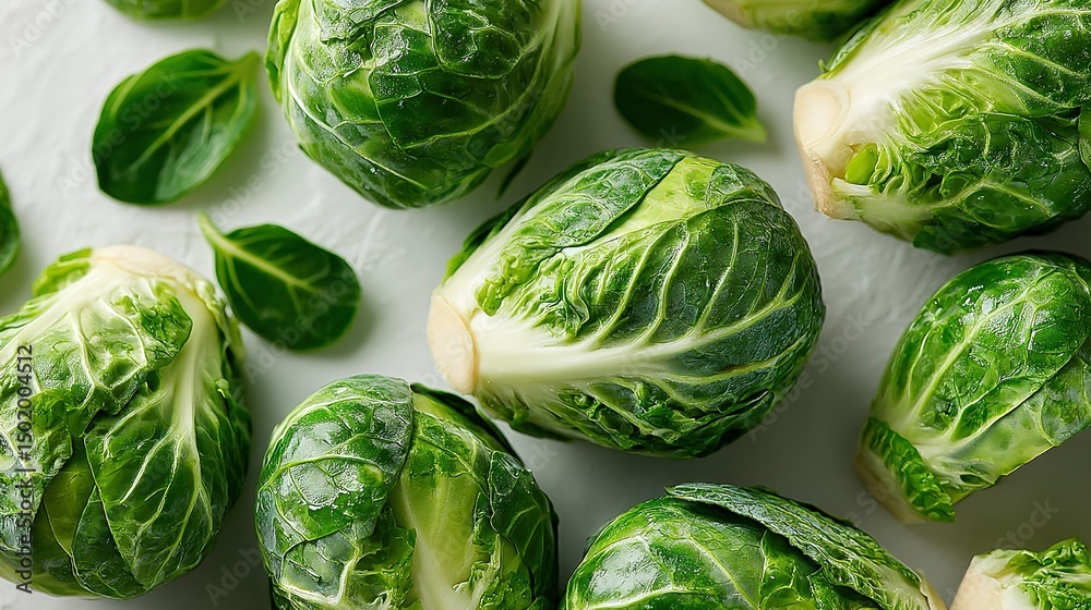Fototapeta premium Brussels sprouts sitting on a white table with green leafy vegetables