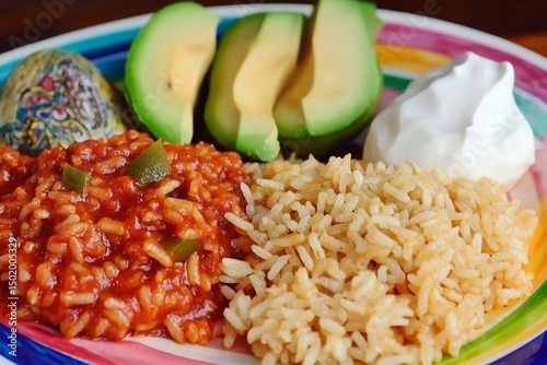 Arroz Rojo Mexico tomato flavored rice dish rich in carbs and lycopene essential side in most meals shown in colorful Mexican plate