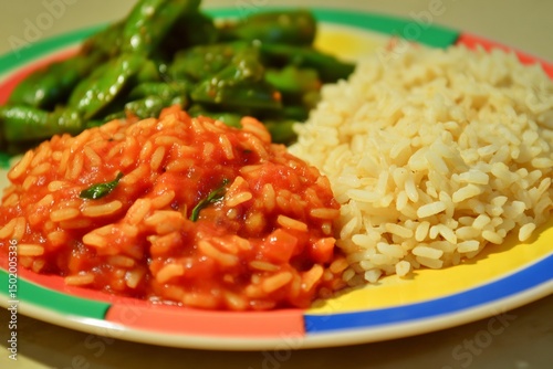 Arroz Rojo Mexico tomato flavored rice dish rich in carbs and lycopene essential side in most meals shown in colorful Mexican plate