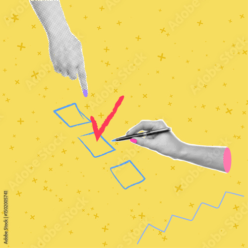 Trendy pop art collage. A person marks items from a checklist with a pen while the other hand points to an option, resulting in task completion and organization.