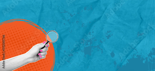 Trendy art collage featuring a cut out hand. Female hand holding a magnifying glass on blue background. Layout with empty space for text and design. Contemporary topical art