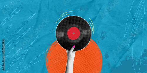 Trendy art collage, depicting a hand holding a vinyl record. Vinyl sheet music. Music and retro party concept. Negative space to insert text, ads, announcements