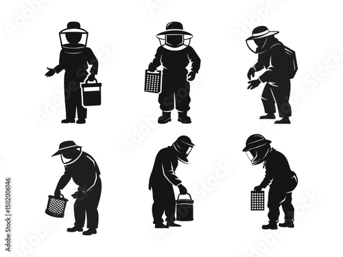A set of clean, minimalist black silhouettes of a beekeeper suit set against a crisp white background.