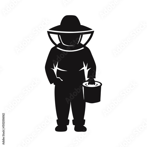 A sleek, minimalist black silhouette of a beekeeper suit on a pure white background.