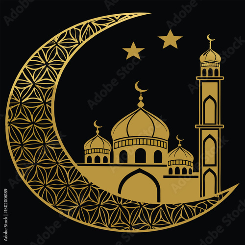 Ornate crescent enclosing majestic mosque – Ramadan theme