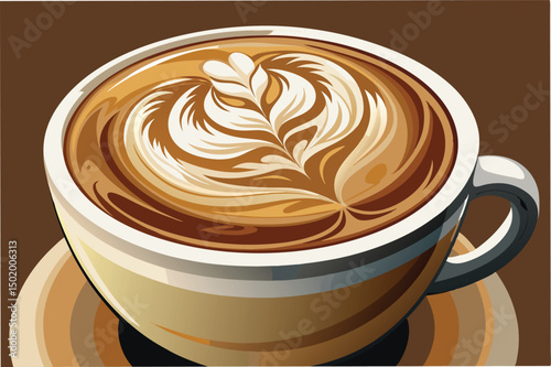 Coffee cup with intricate latte art featuring swirls and leaf design on a warm brown background inviting cozy moments at a coffee shop
