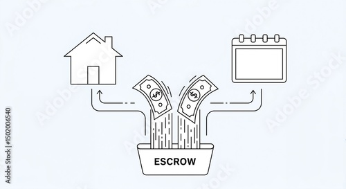 Illustration of escrow process with house, money, and calendar icons