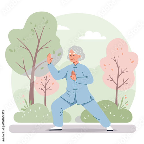 Elderly man practicing Tai Chi in a serene park setting  