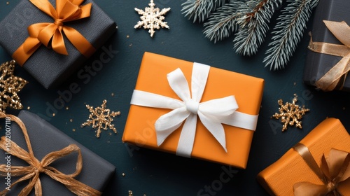 Close-up of orange and white wrapped gift boxes stacked together on a neutral background.