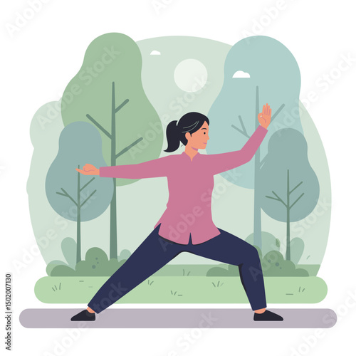 Woman practicing tai chi outdoors in a serene green park  
