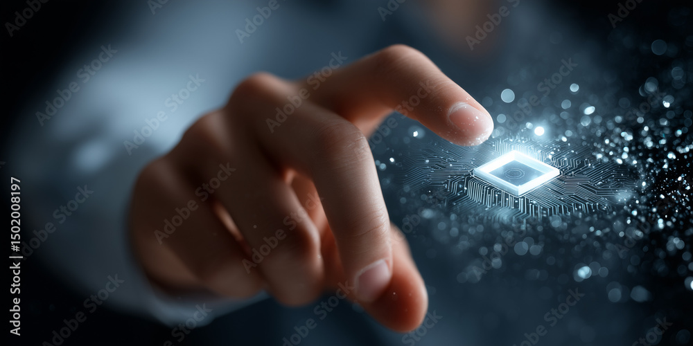 Digital settings icon activated by touch surrounded by floating microchip circuits.
Digital settings icon activated by touch surrounded by floating microchip circuits.