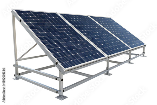 Row of solar panels on a metal frame against a black background representing renewable energy sources photo