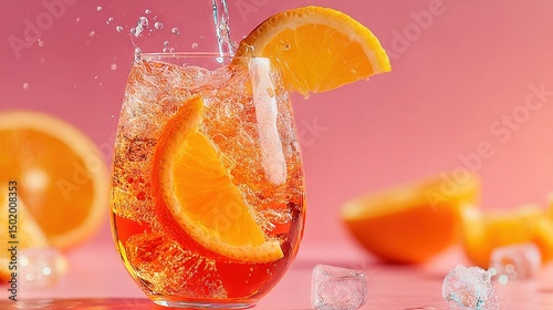   A glass of soda with orange slices and ice cubes on a pink table in front of a pink backdrop